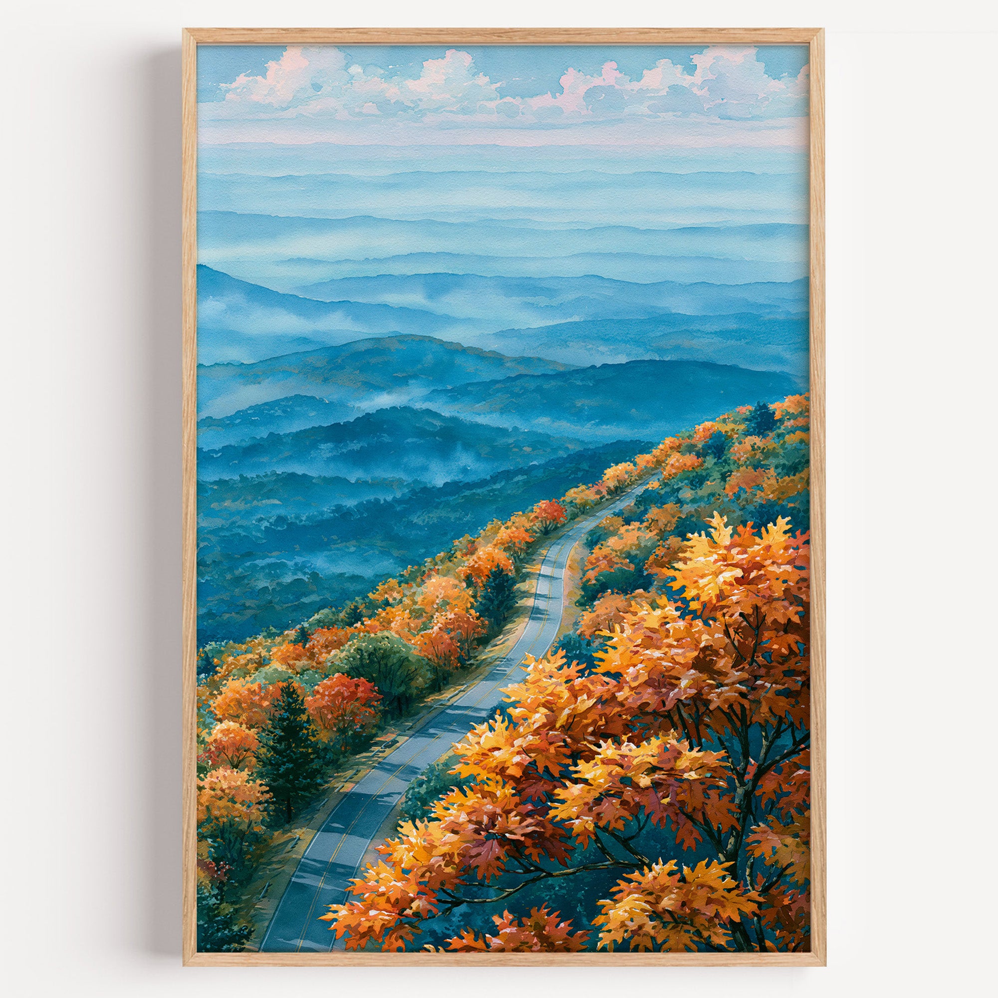 Shenandoah National Park watercolor art print: Skyline Drive through autumn oaks above the hazy Blue Ridge