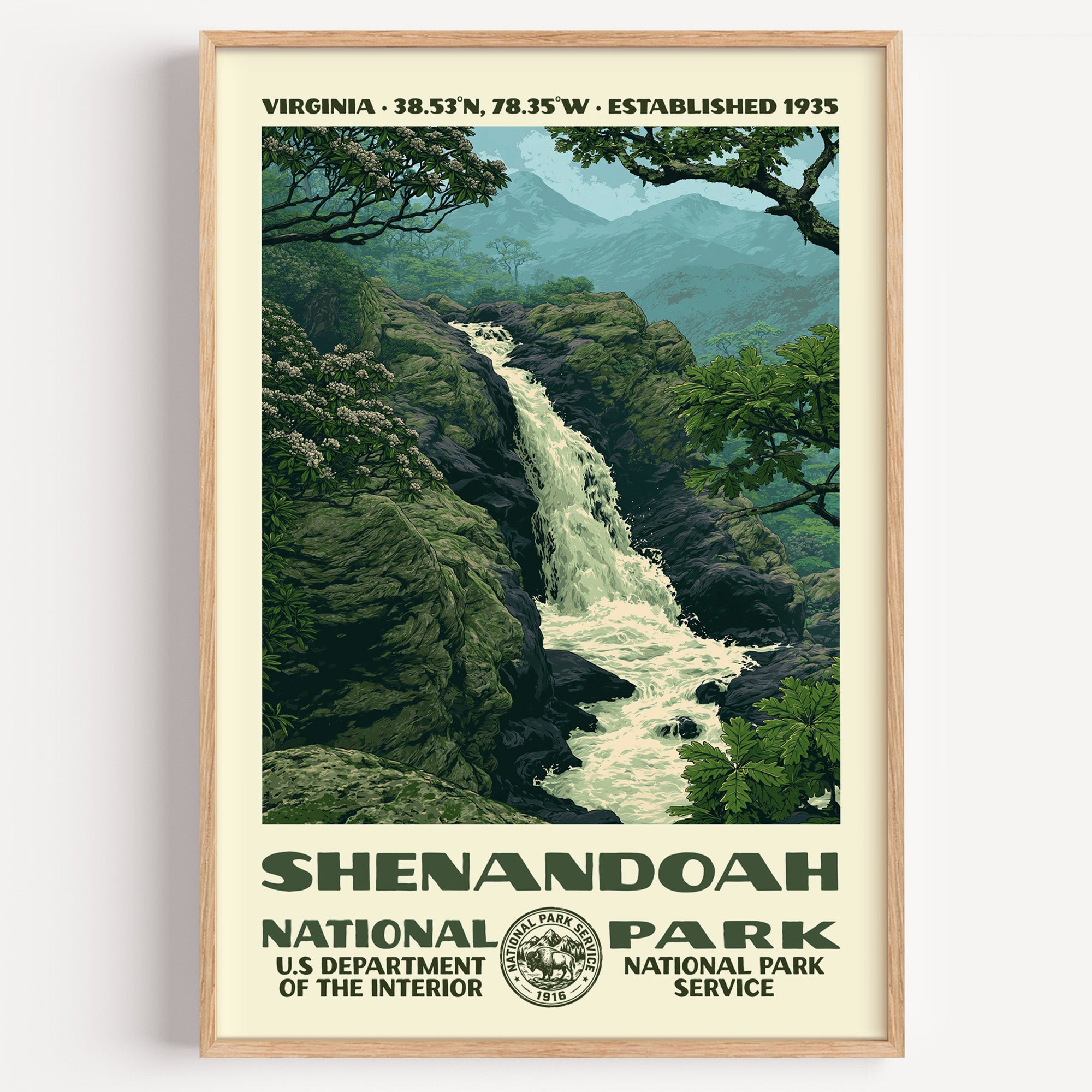 Shenandoah National Park vintage WPA poster in a wood frame, a waterfall dropping through a green Blue Ridge hollow