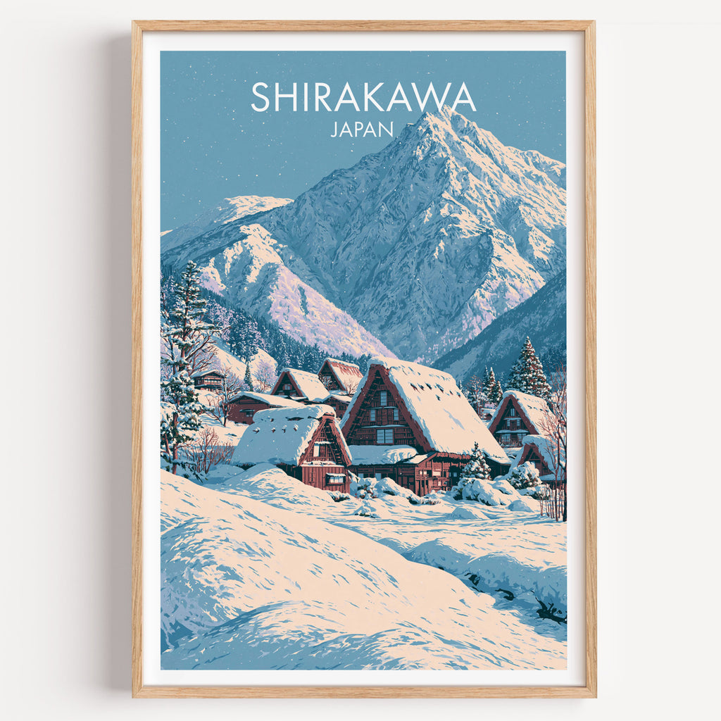 Shirakawa go Japan travel poster in a natural wood frame, shown against a clean white wall