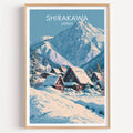 Shirakawa go Japan travel poster in a natural wood frame, shown against a clean white wall