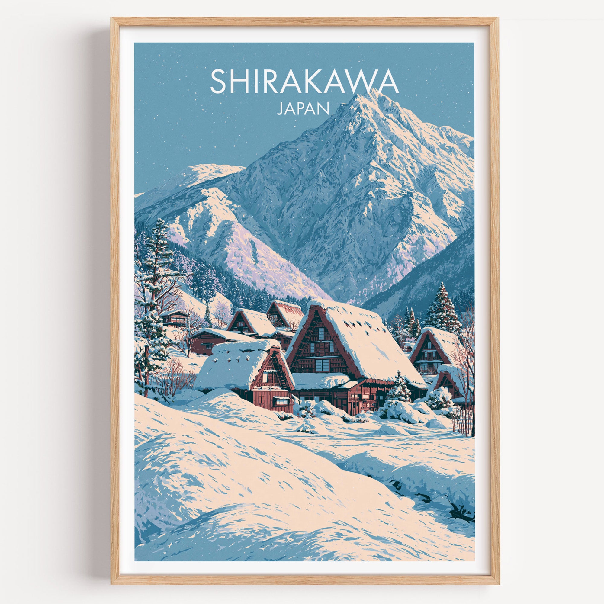 Shirakawa go Japan travel poster in a natural wood frame, shown against a clean white wall