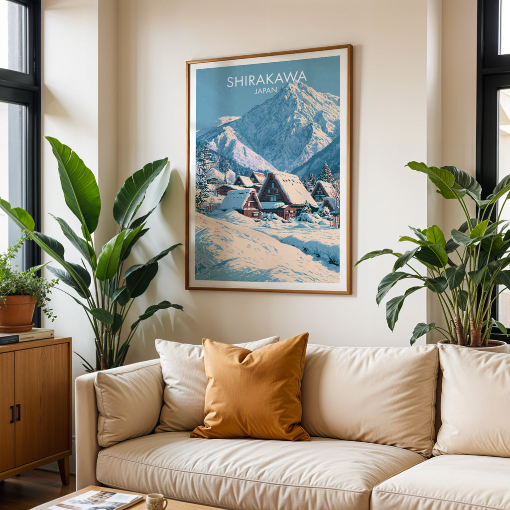 Framed Shirakawa go Japan wall art hanging above a cream sofa in a bright living room with tropical plants