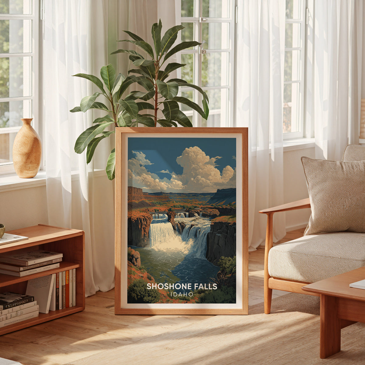 Snake River falls artwork leaning by a sheer-curtained window with a low bookshelf and vase