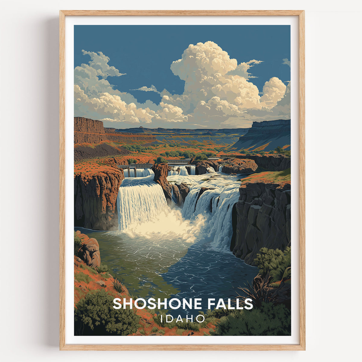 Shoshone Falls illustrated print framed in oak, hung square on an empty white wall