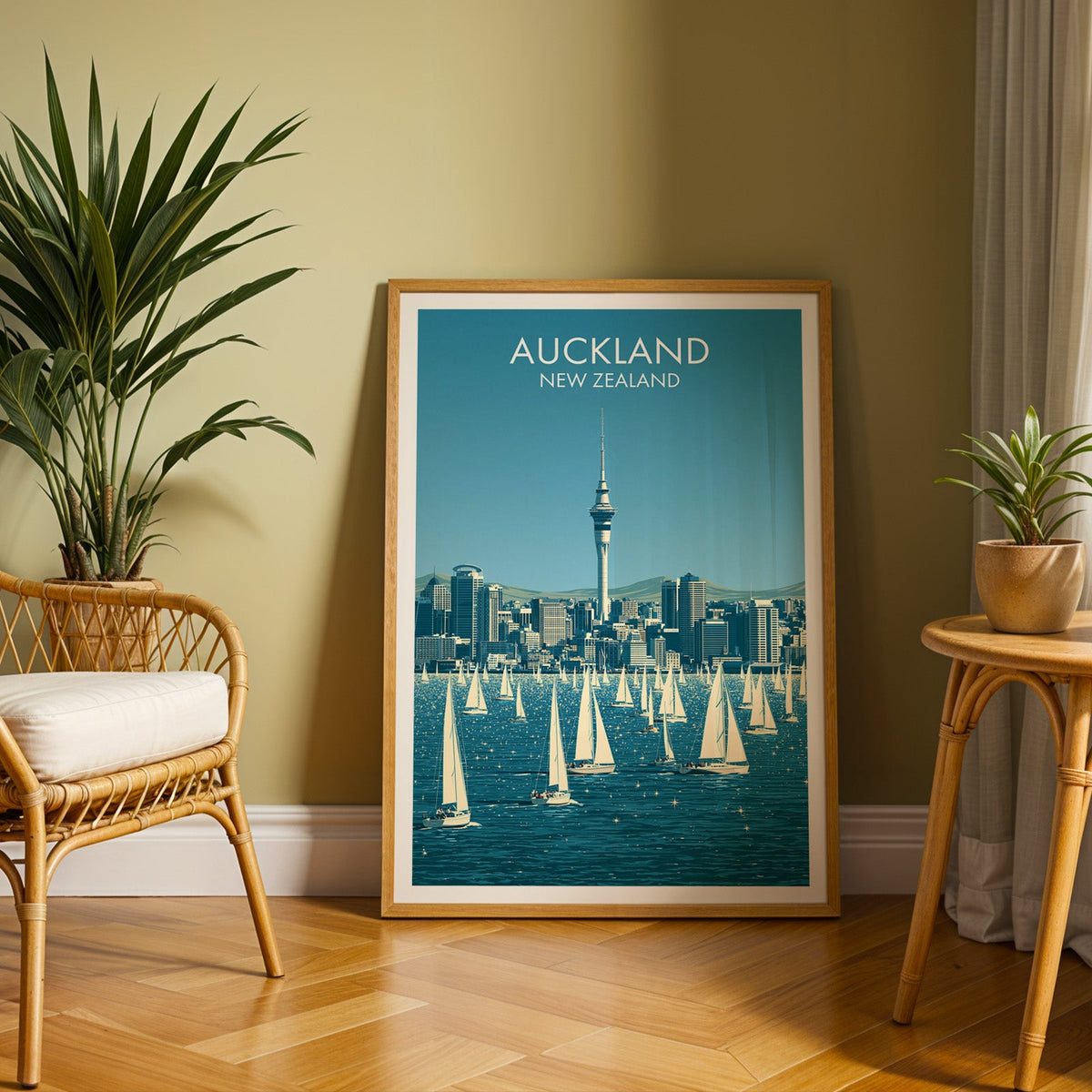 Blue Auckland skyline print in an oak frame on herringbone parquet with a rattan chair and olive wall