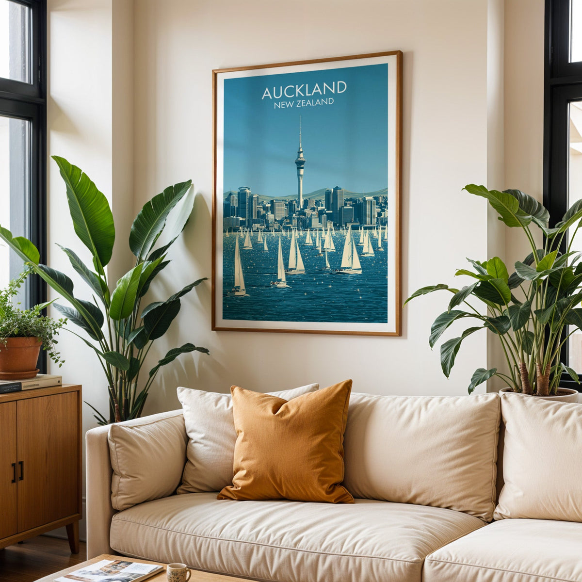 Sky Tower travel poster in an oak frame above a cream sofa with a burnt-orange cushion and tropical plants