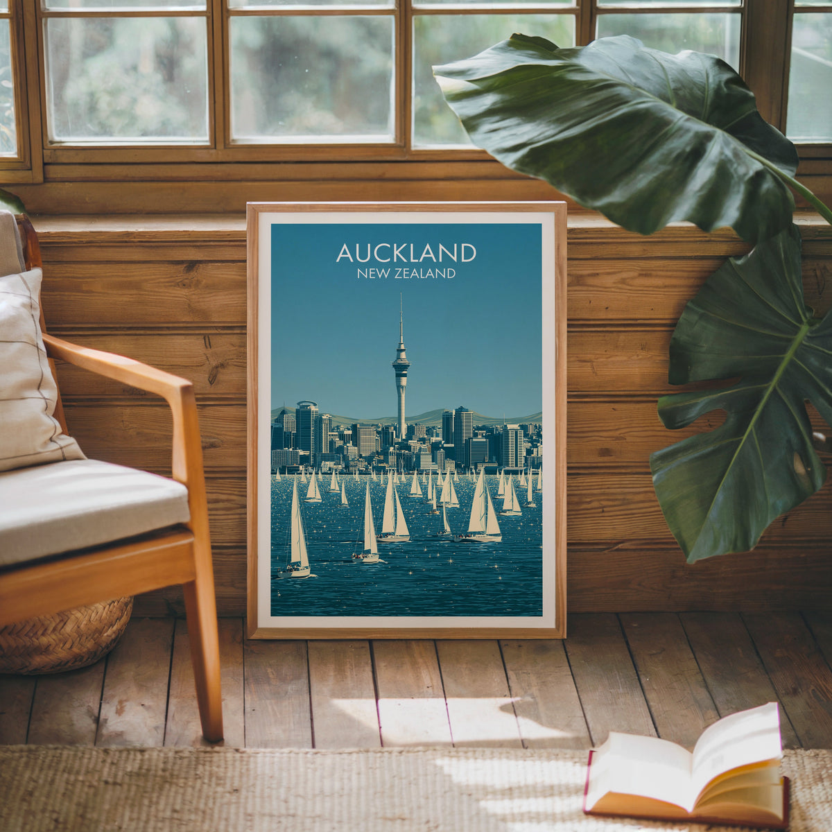 New Zealand harbour artwork in an oak frame against a pine cabin wall with a monstera leaf and open book