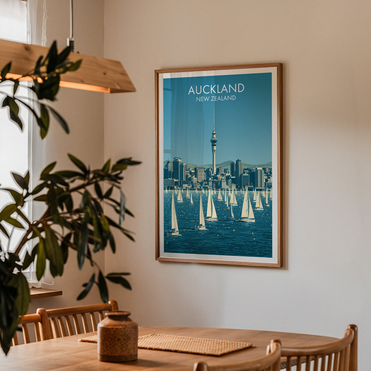 Framed Auckland travel print in a dining corner with an oak table, spindle chairs and wood pendant light