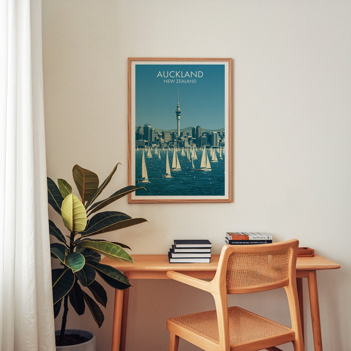Sky Tower wall art in an oak frame above a wooden home-office desk with a cane chair and rubber plant