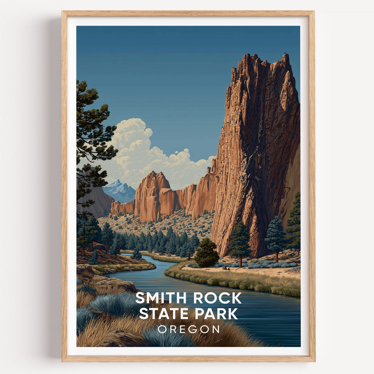 Smith Rock State Park travel poster in an oak frame on a plain white wall, shot straight on