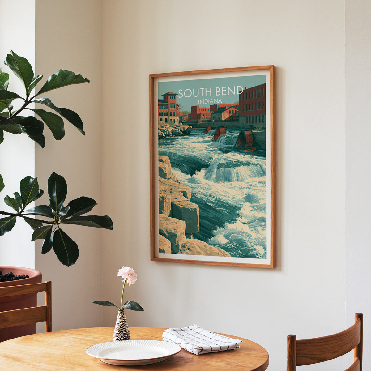 Brick mill river print in a walnut frame in a dining corner with a round table and checked runner