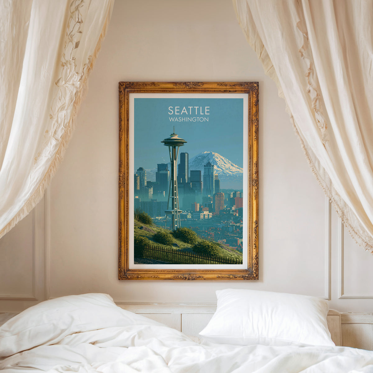 Space Needle canvas print in a carved gold frame over a white bed with a linen canopy and moulded walls.