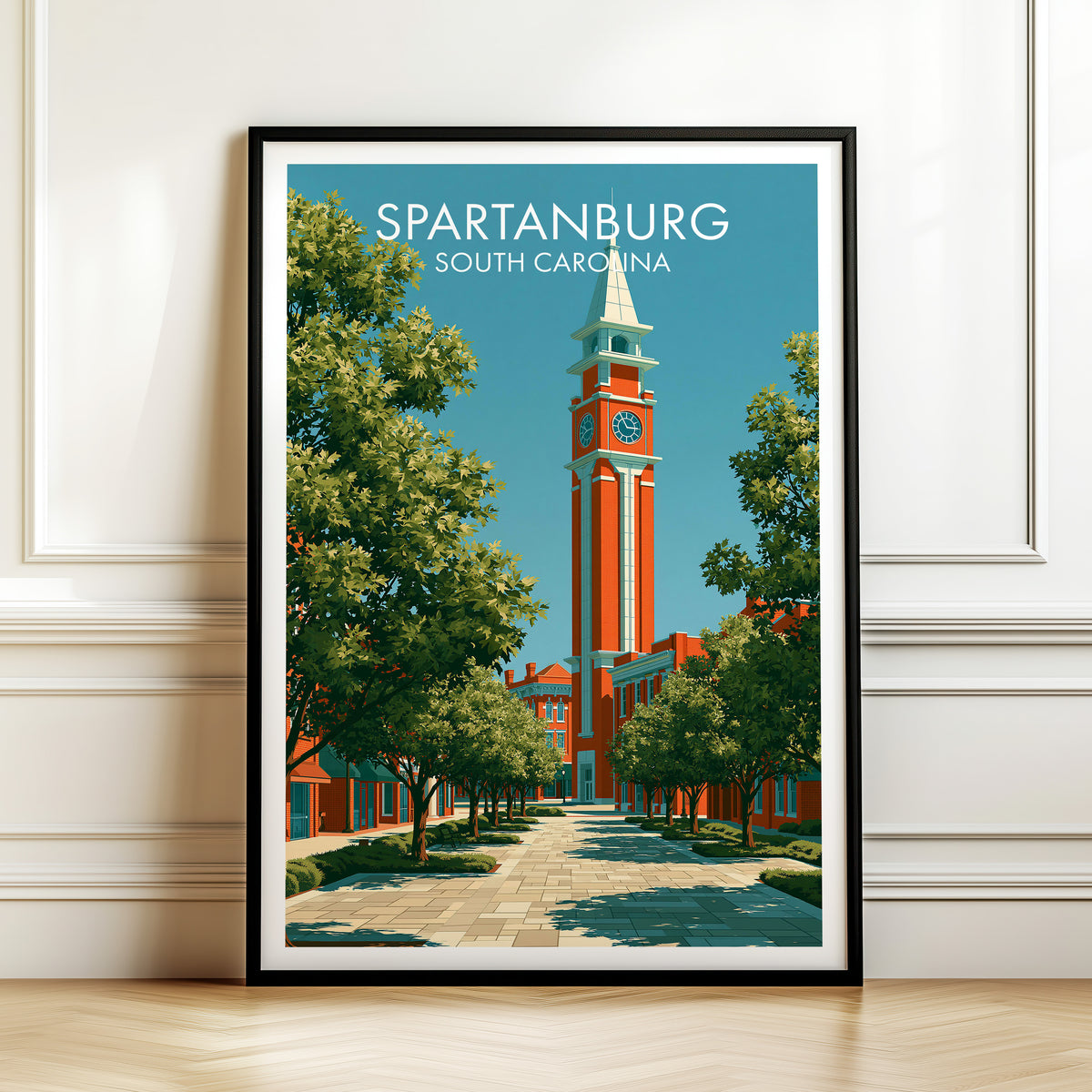 Brick clock tower print in a black frame against white panelling above a herringbone wood floor