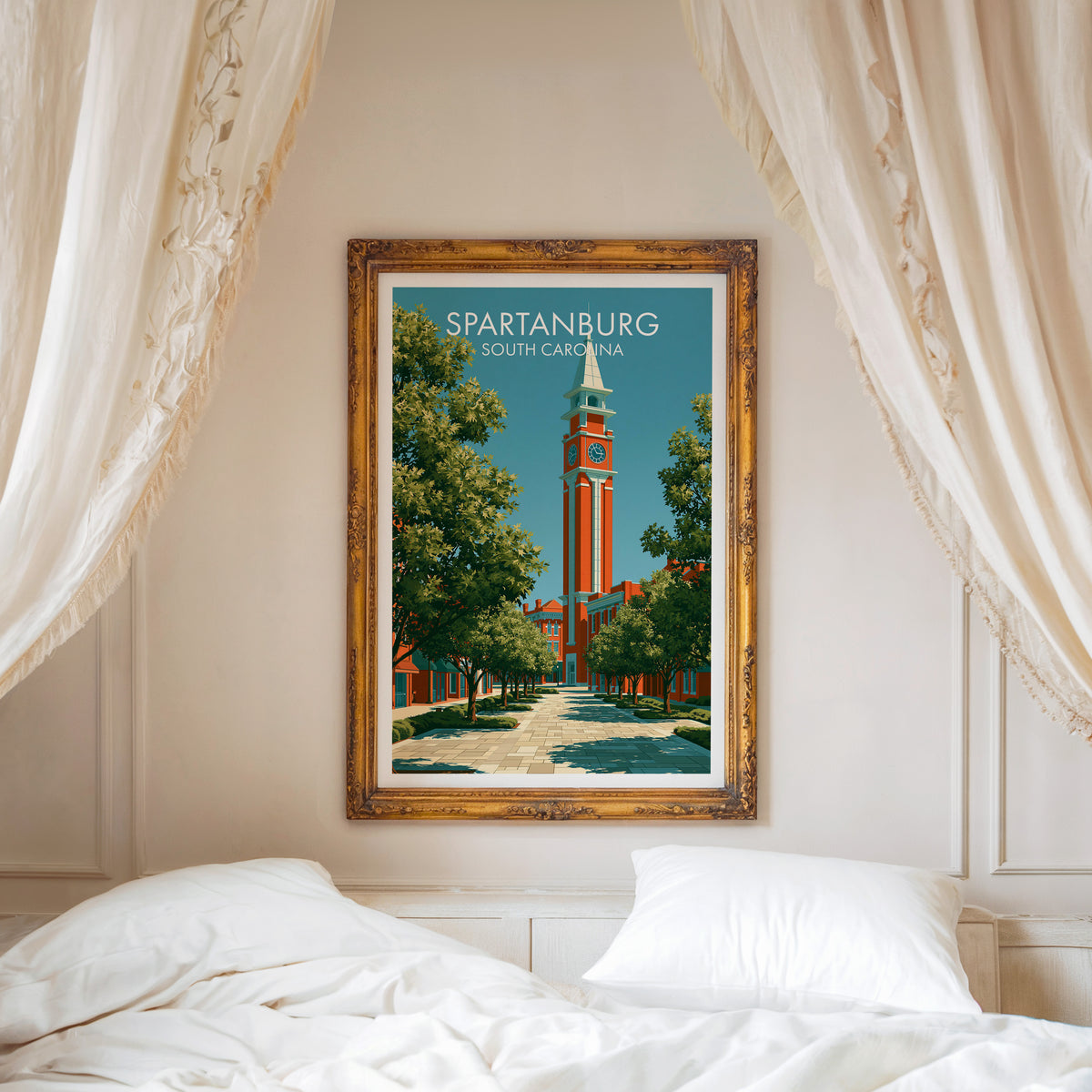 South Carolina clock tower artwork in a gold carved frame above a white bed with a linen canopy