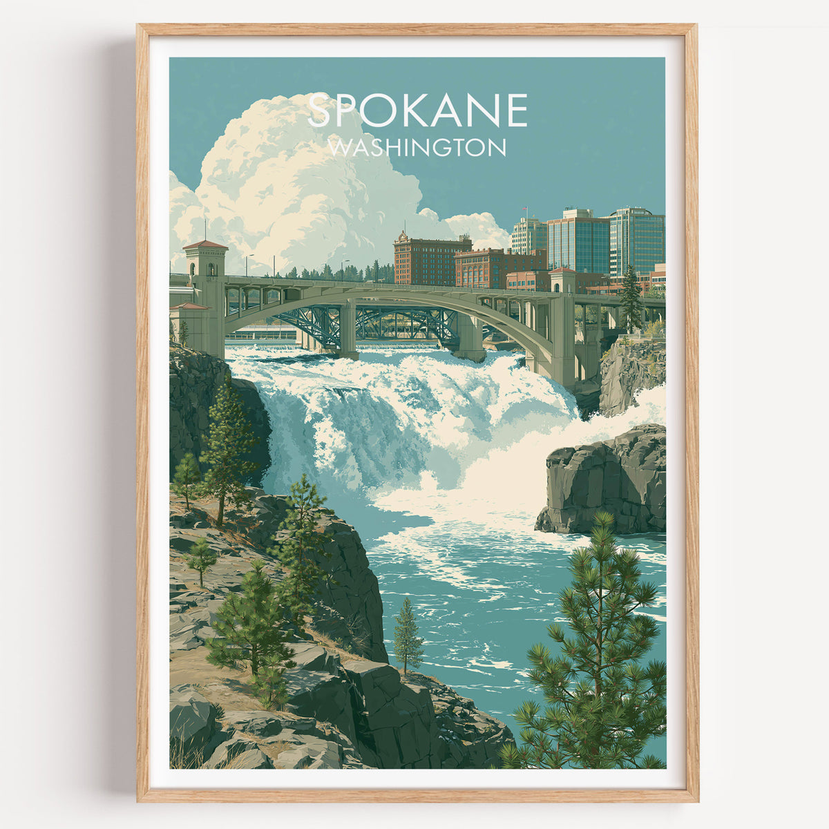 Spokane travel poster in a light oak frame on a bare white wall, shot square with a soft shadow