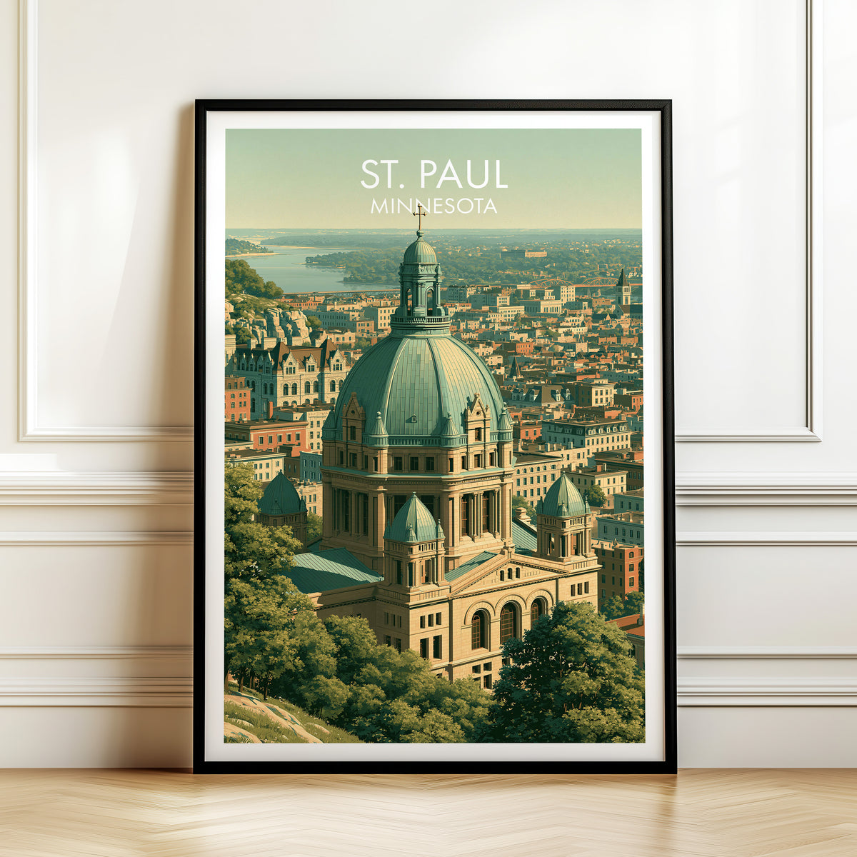 Copper dome cathedral print in a black frame on white panelling above a herringbone wood floor