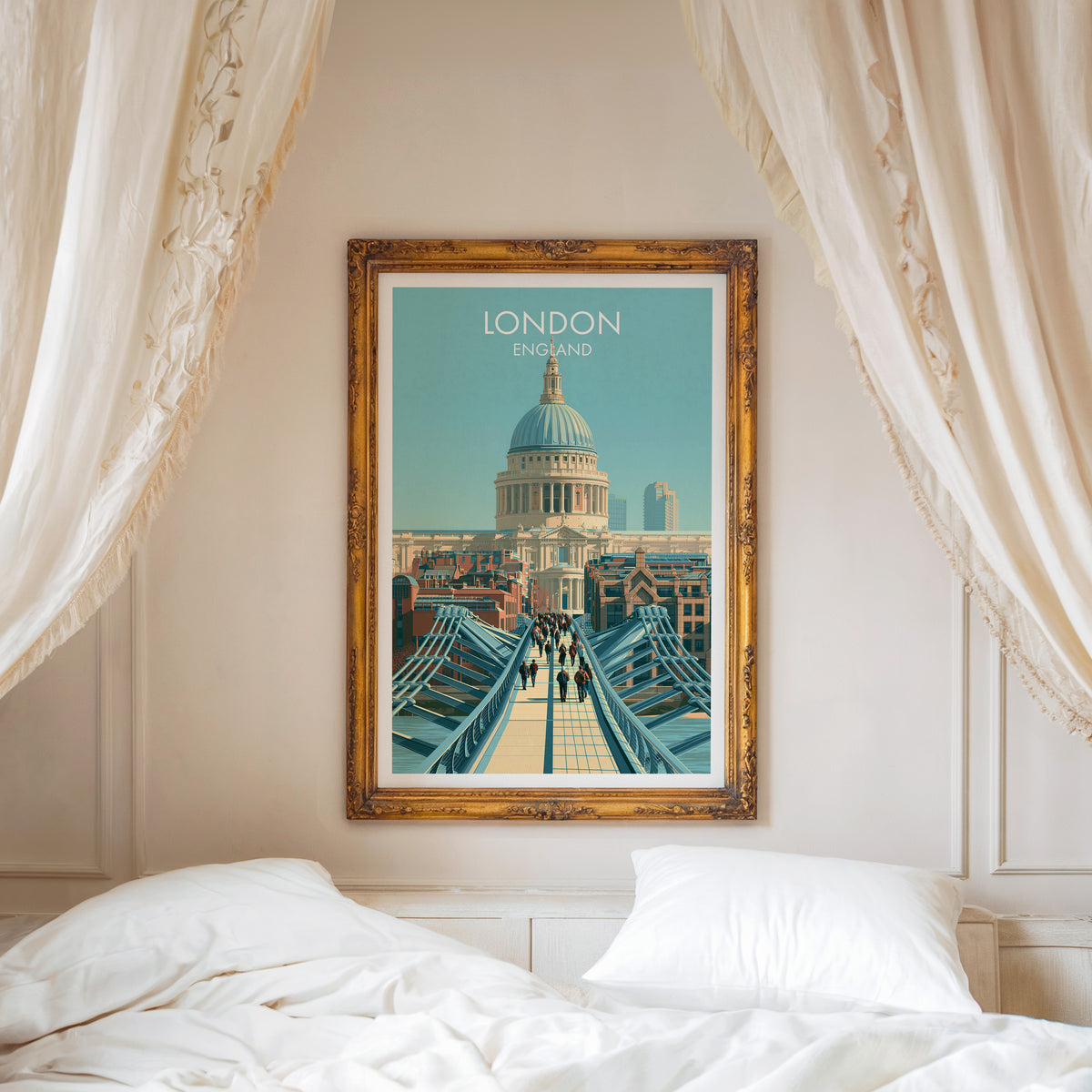 St Paul's Cathedral poster, ornate gold frame above a white bed with linen canopy curtains