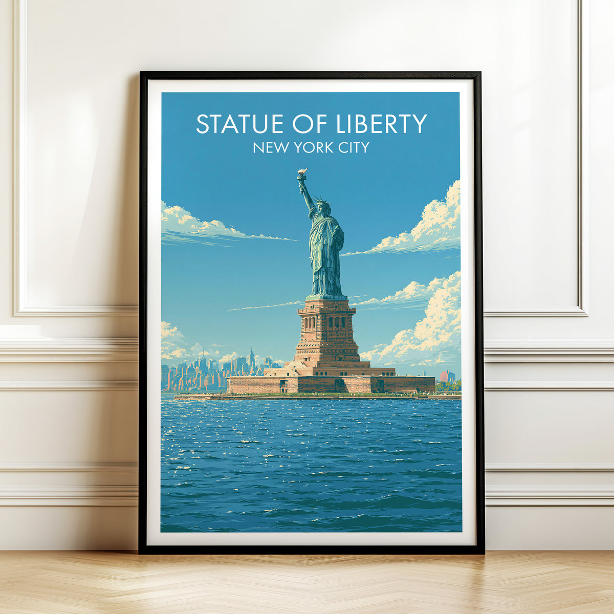 New York harbor print in a black frame against panelled white wall trim above a herringbone wood floor.