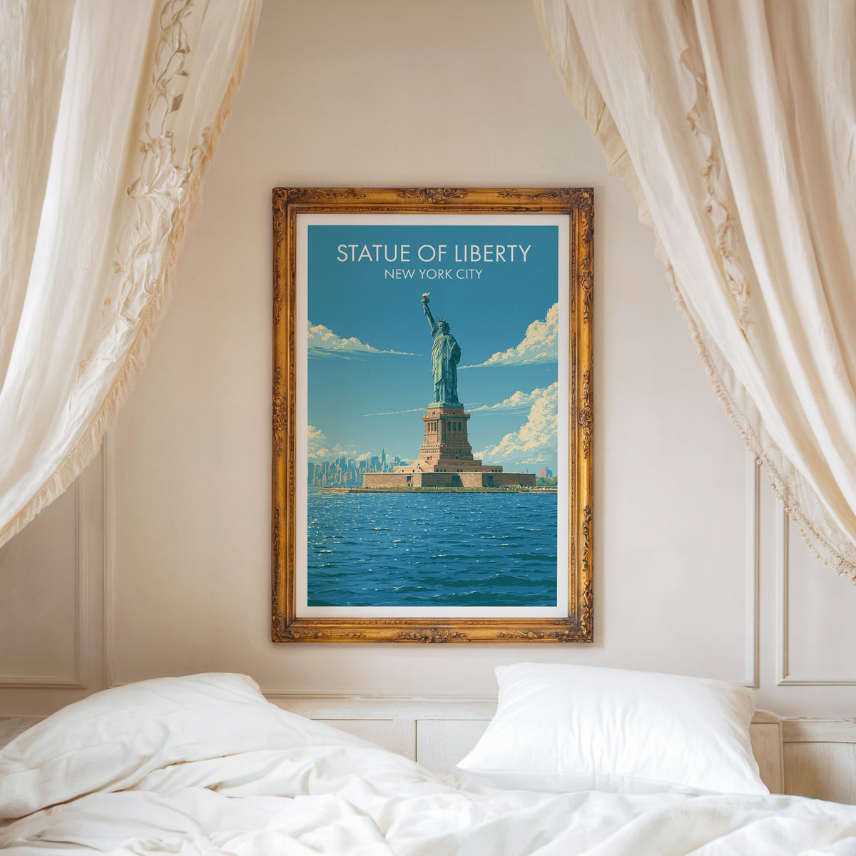 Statue of Liberty canvas print in a carved gold frame over a white bed with a linen canopy and moulded walls.