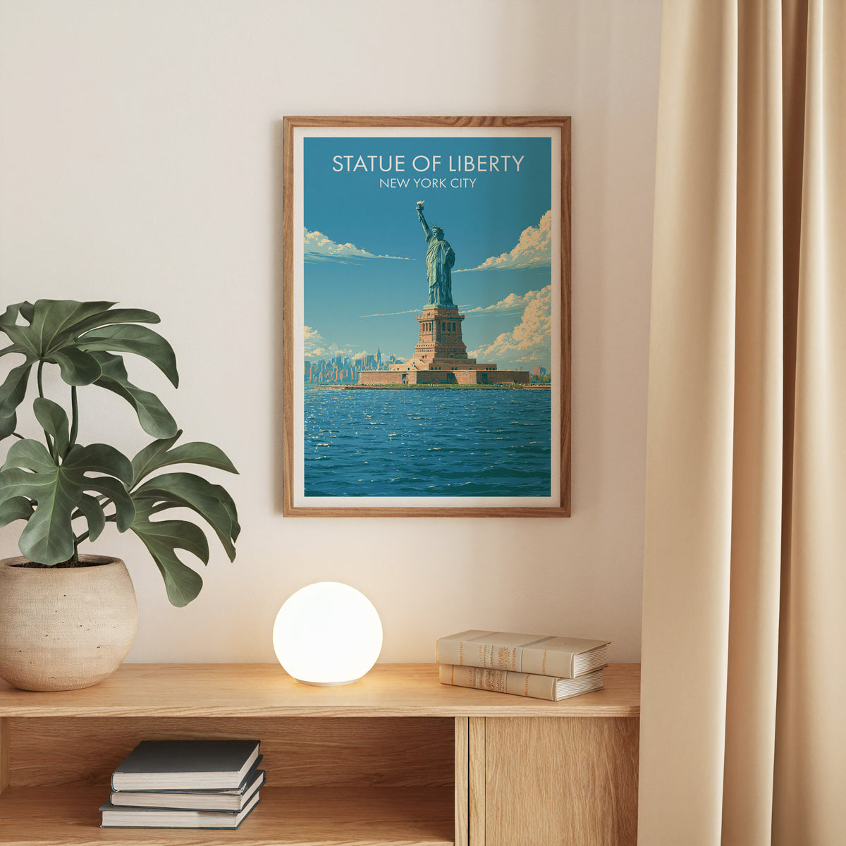 Liberty statue art print in an oak frame on a beige wall over a console with a monstera and a globe lamp.
