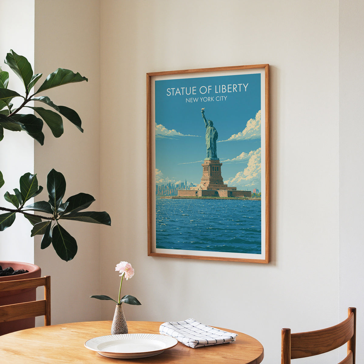 Statue of Liberty print in a walnut frame in a dining corner with a round table and a fiddle-leaf fig.