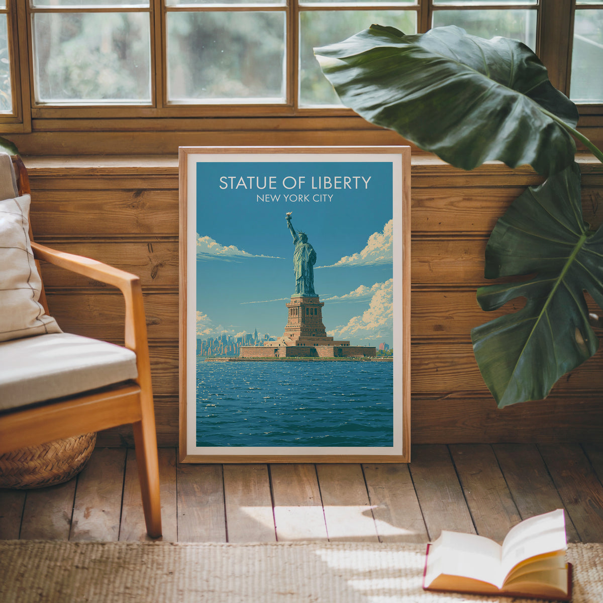 New York harbor canvas in an oak frame on a sunlit wood-grain wall beside a mid-century armchair and a rug.