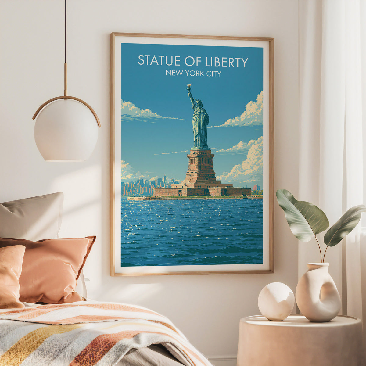 Large oak-framed Statue of Liberty wall art over a bed with a rust throw and a brass pendant lamp.