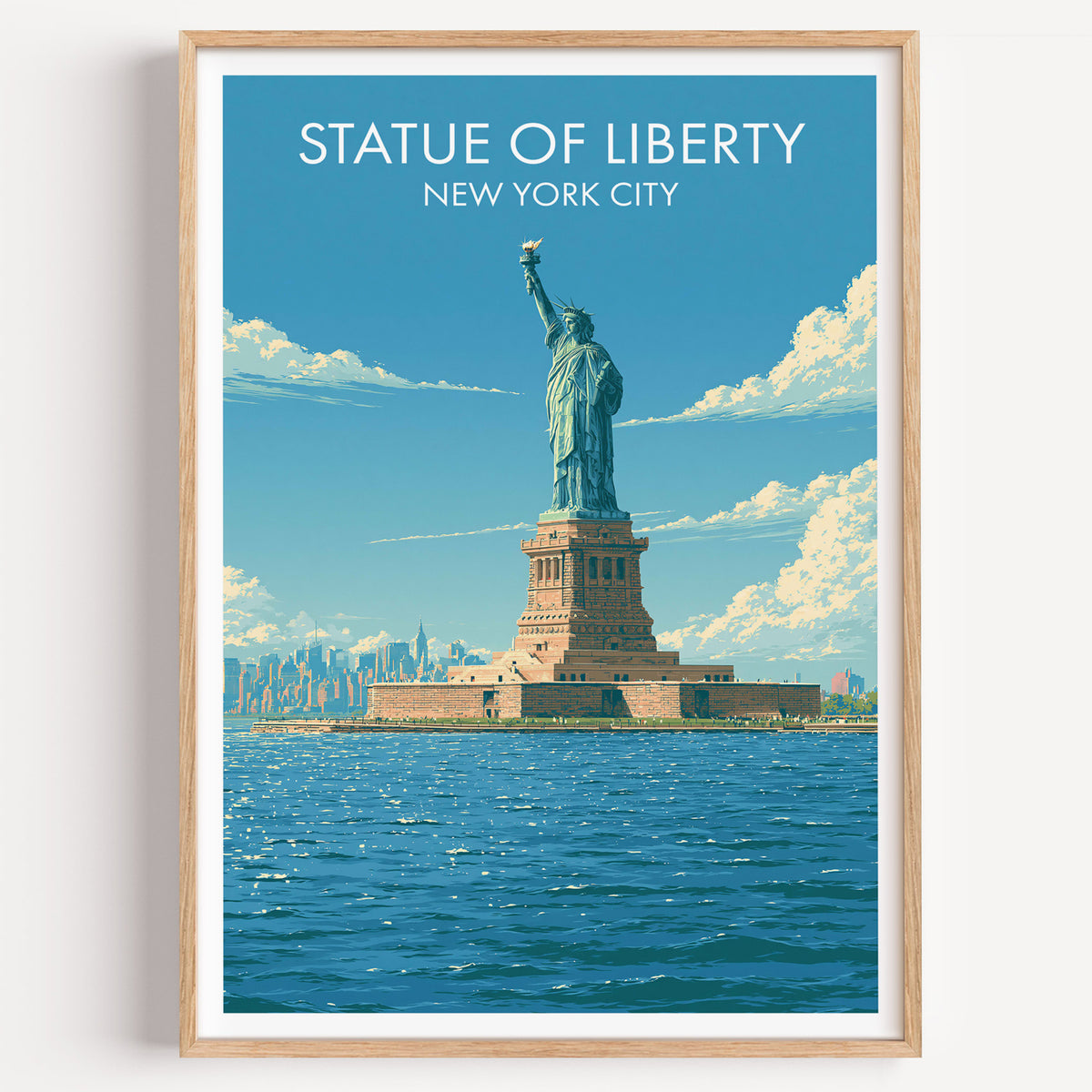 Statue of Liberty travel poster in a light oak frame on a plain white wall, shot square on with a soft shadow.