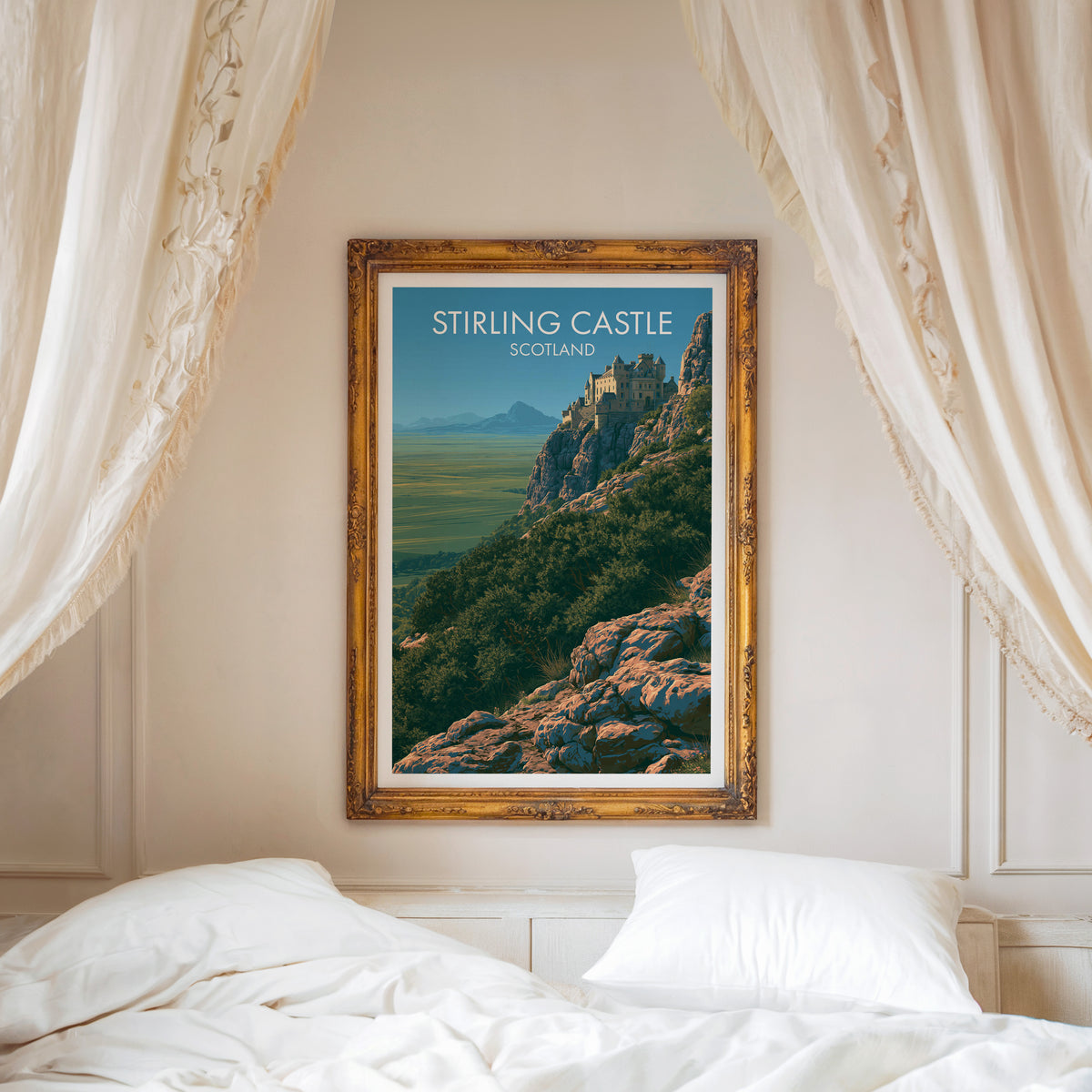 Stirling Castle poster, ornate gold frame above a white bed with linen canopy curtains