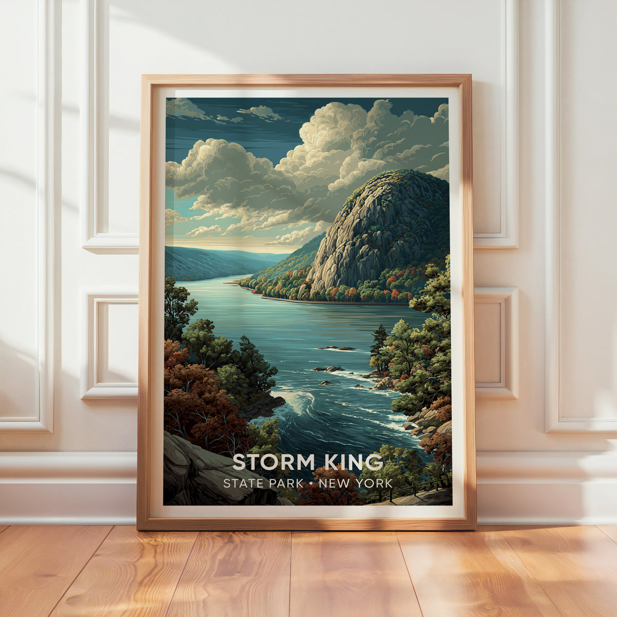 Storm King granite dome print in oak leaning on a textured white wall with window shadows