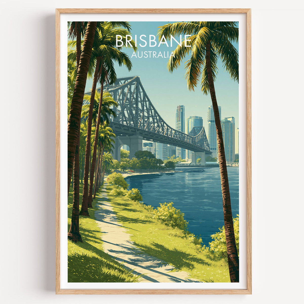 Story Bridge Brisbane travel print in a light oak frame on a plain white wall
