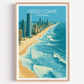 Surfers Paradise Gold Coast travel print in a light oak frame on a plain white wall