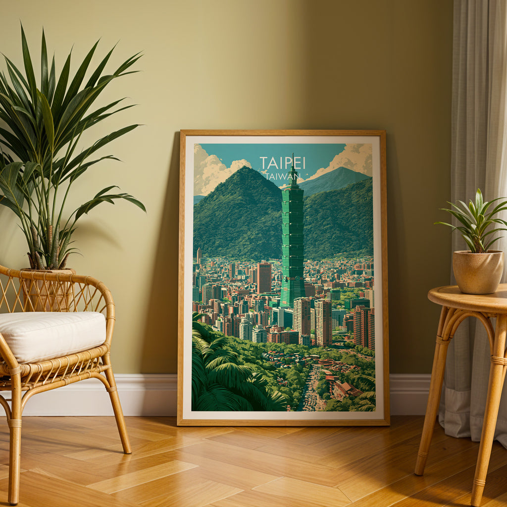 Large Taipei Taiwan travel print in an oak frame leaning on a herringbone floor next to a rattan chair