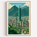 Taipei Taiwan travel poster in a natural wood frame, shown against a clean white wall