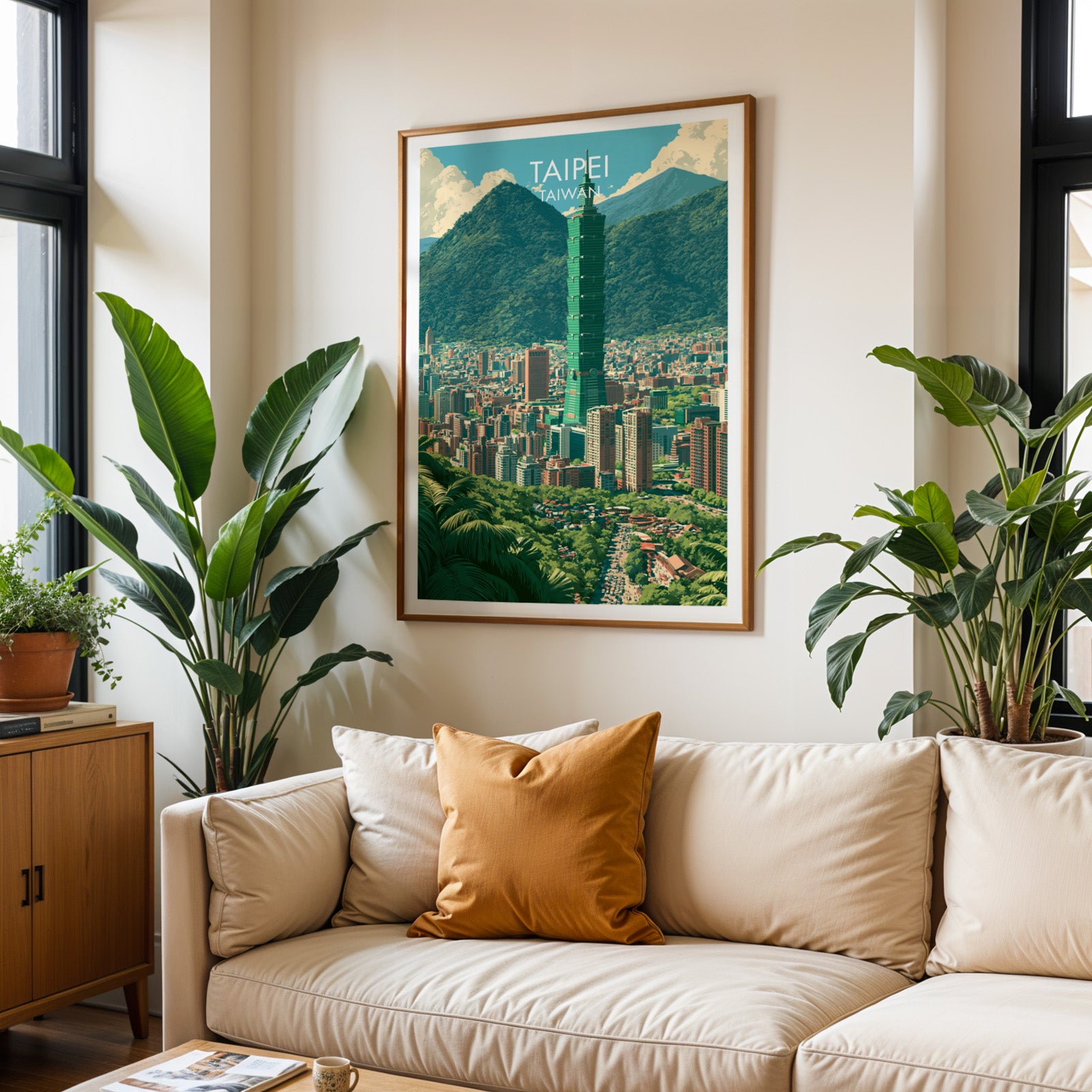 Framed Taipei Taiwan wall art hanging above a cream sofa in a bright living room with tropical plants