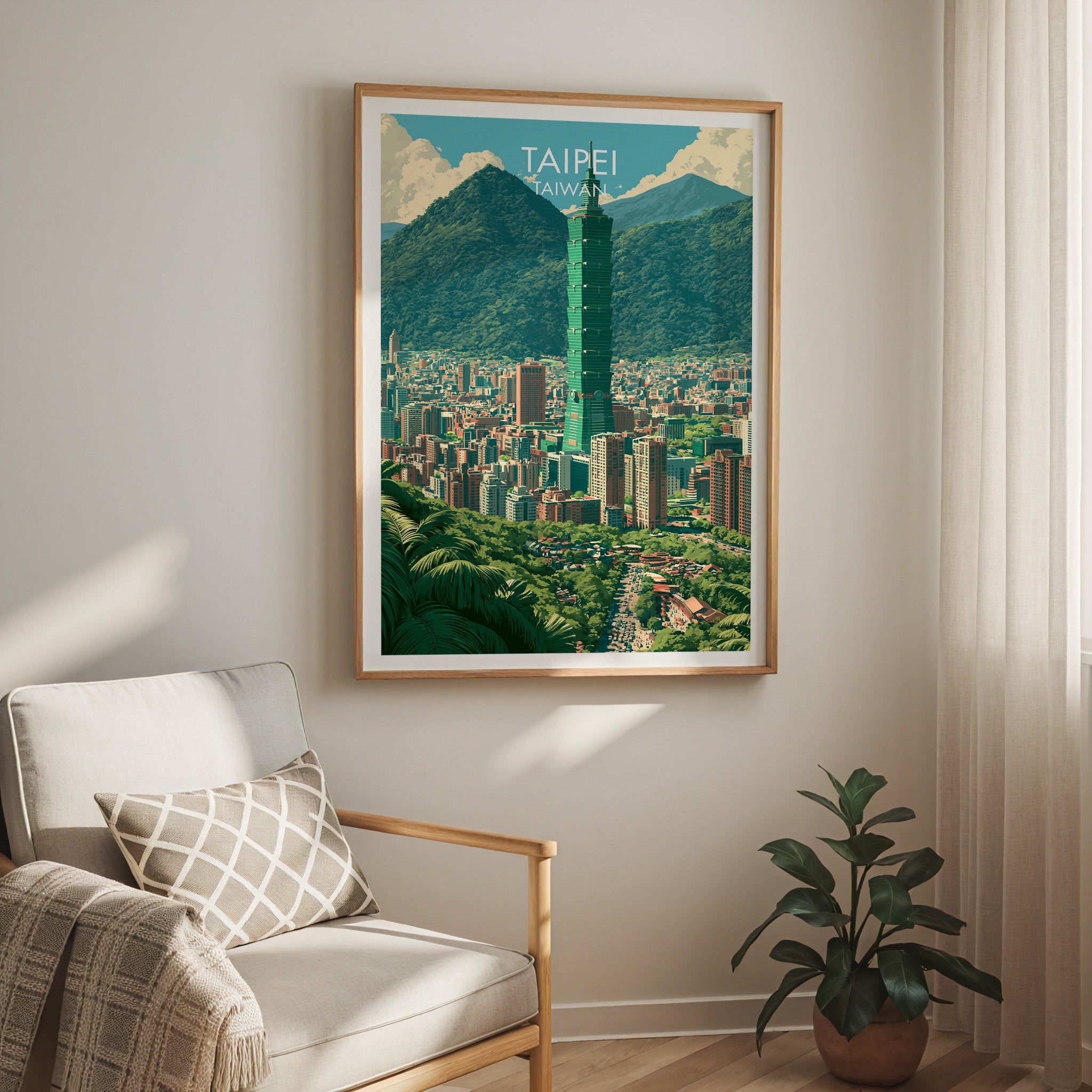 Taipei Taiwan travel print in a light oak frame on a living room wall beside a linen armchair