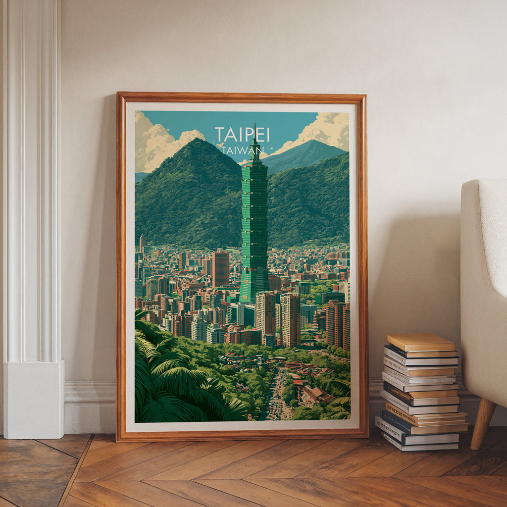 Taipei Taiwan art print in a walnut frame leaning in a hallway beside stacked books
