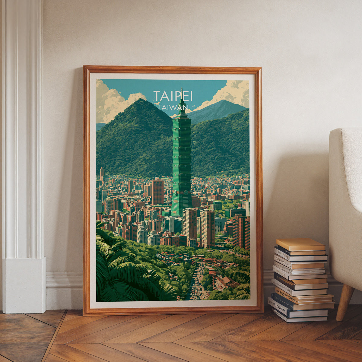 Taipei skyline art print in a walnut frame leaning on a herringbone floor beside a stack of books