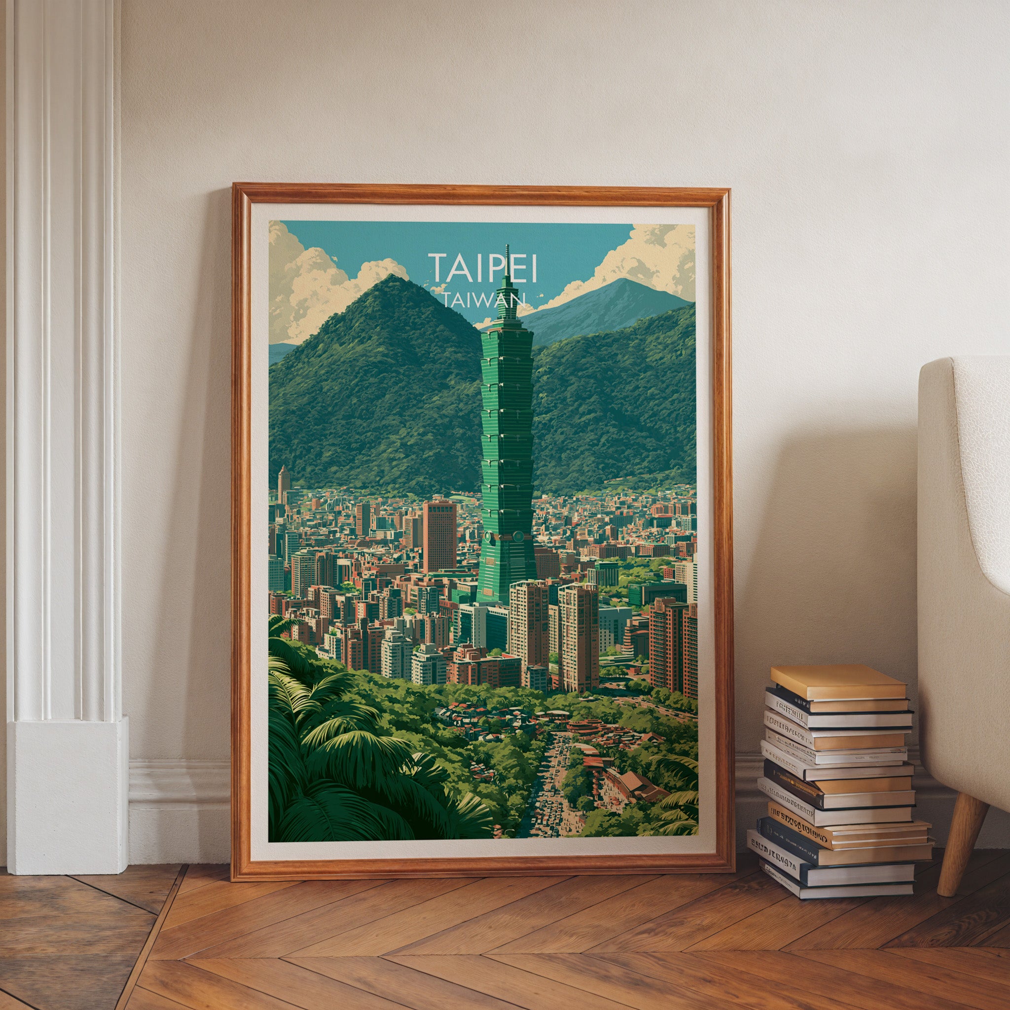 Taipei Taiwan art print in a walnut frame leaning in a hallway beside stacked books