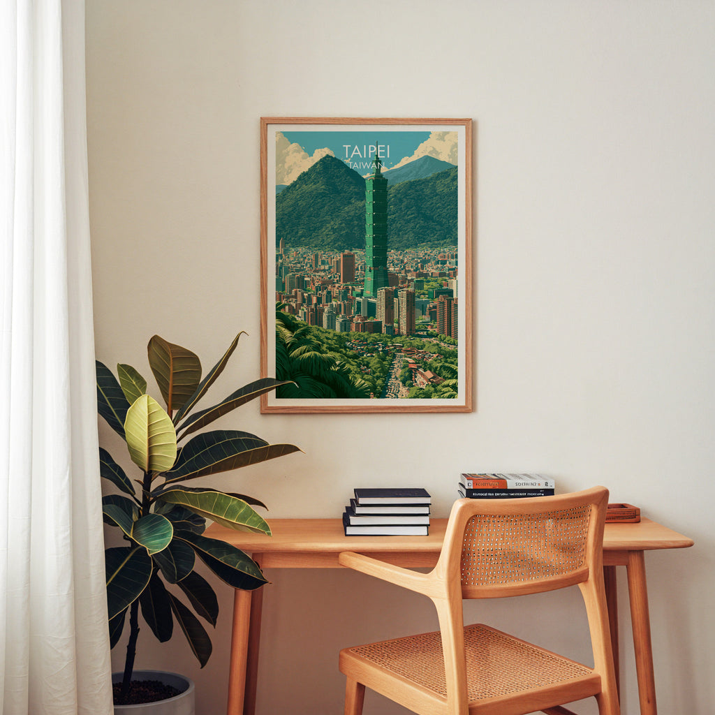 Taipei Taiwan wall art above a wooden home office desk with a rattan chair and books