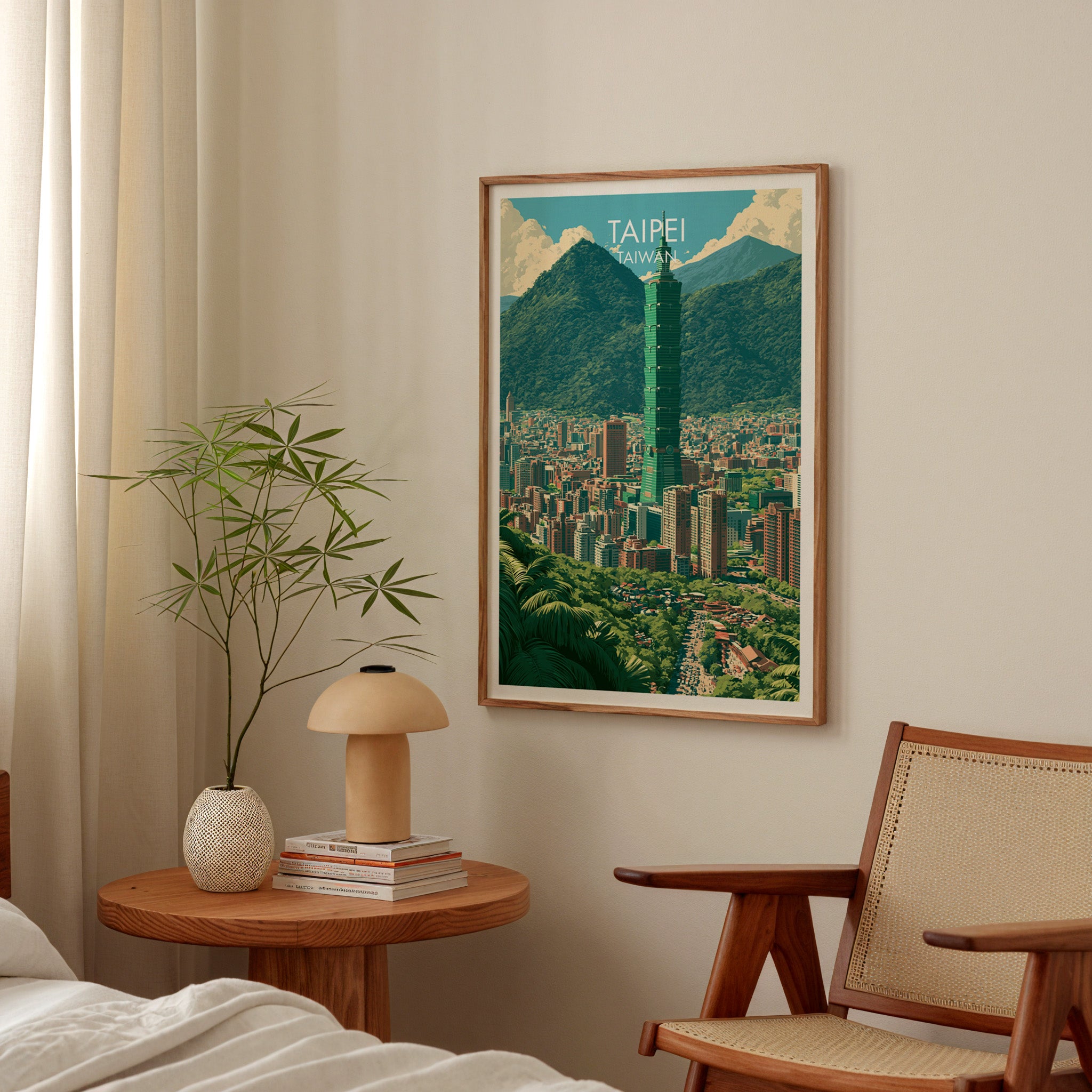 Taipei Taiwan poster above a bedroom nightstand with a bamboo plant and mushroom lamp