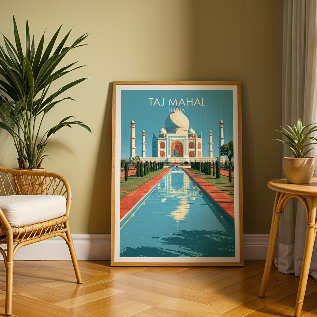 Large Taj Mahal Agra India travel print in an oak frame leaning on a herringbone floor next to a rattan chair