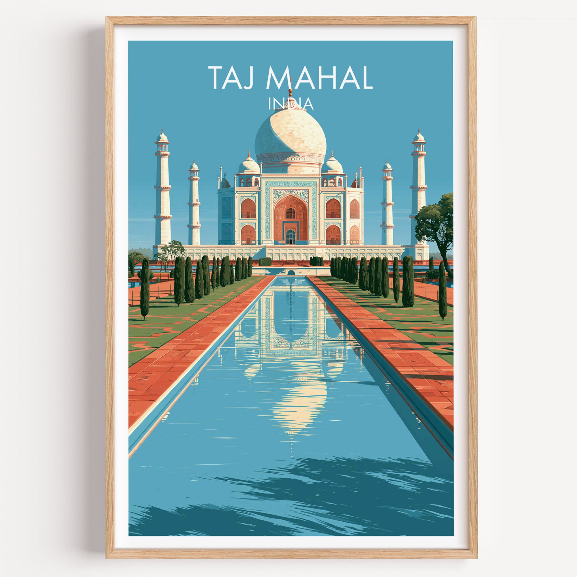 Taj Mahal Agra India travel poster in a natural wood frame, shown against a clean white wall