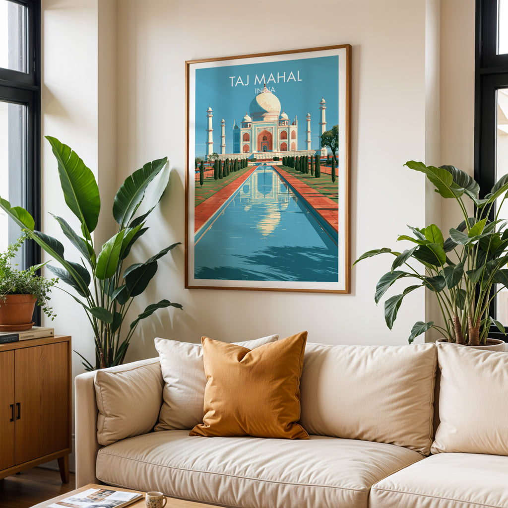 Framed Taj Mahal Agra India wall art hanging above a cream sofa in a bright living room with tropical plants