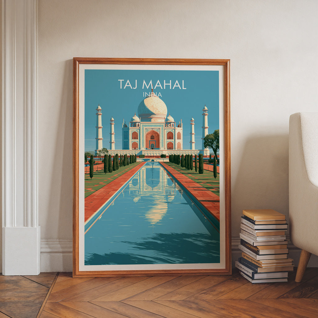 Taj Mahal Agra India art print in a walnut frame leaning in a hallway beside stacked books
