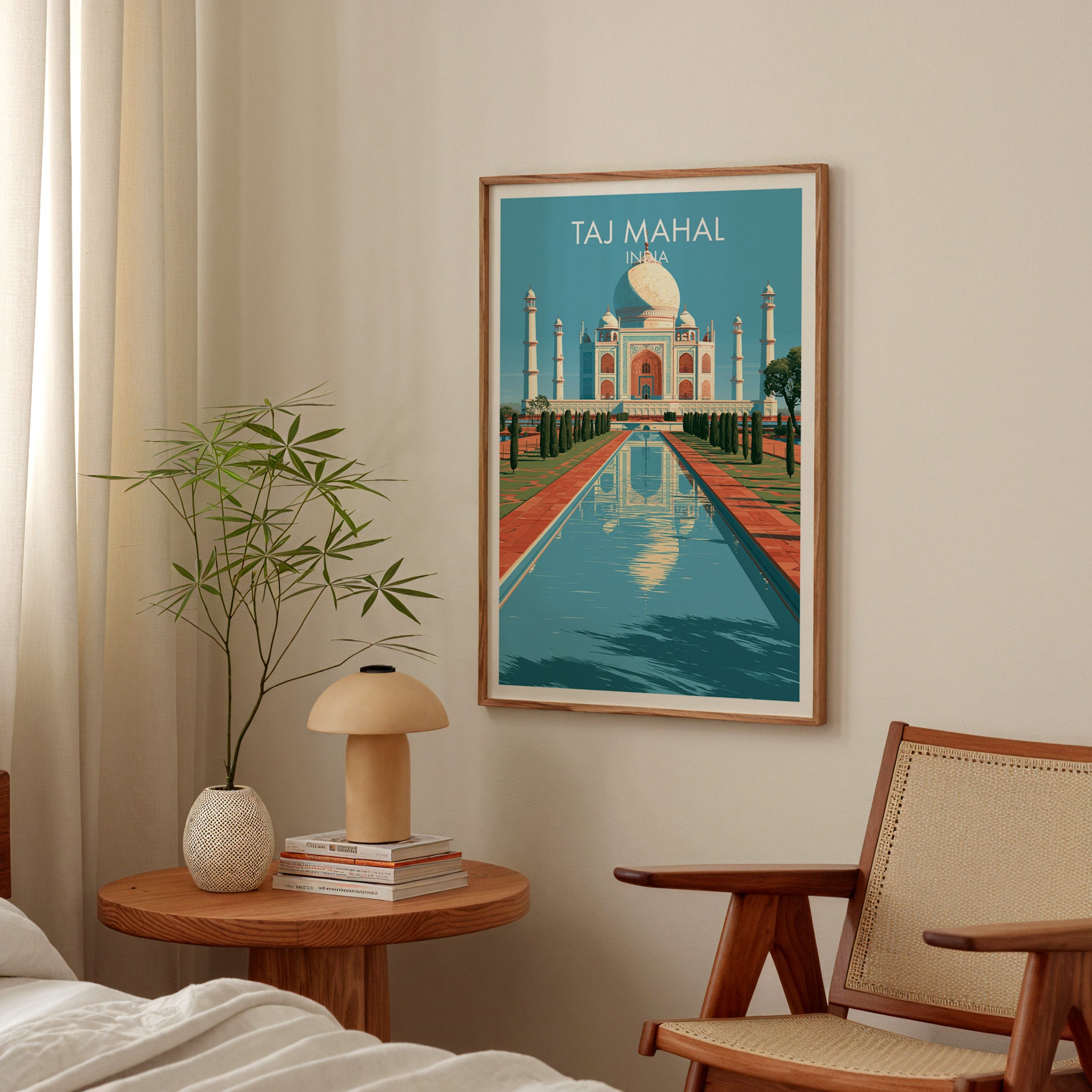 Taj Mahal Agra India poster above a bedroom nightstand with a bamboo plant and mushroom lamp