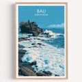 Tanah Lot Bali Indonesia travel poster in a natural wood frame, shown against a clean white wall