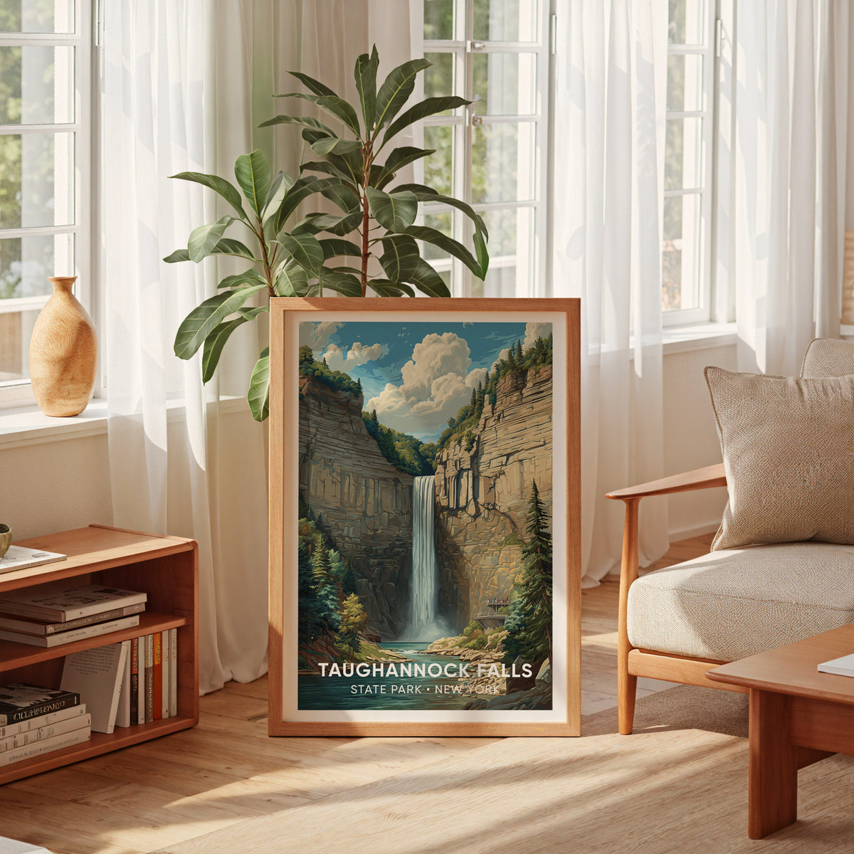 Gorge overlook artwork leaning by a bright curtained window with a tall plant and bookshelf