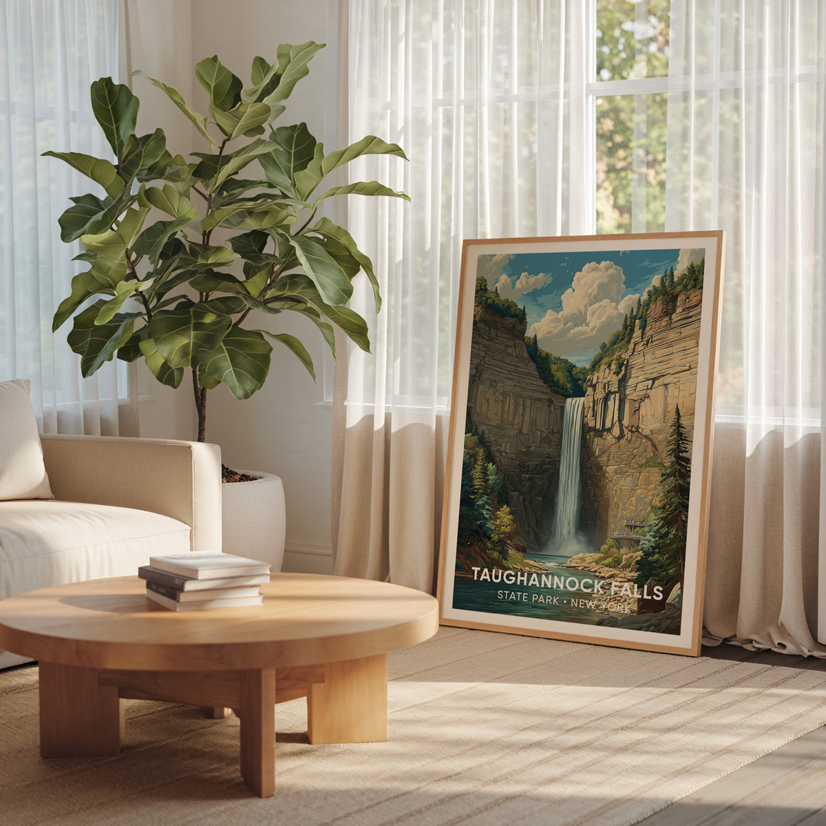 New York gorge print in oak beside a sheer-curtained window with a big leafy plant