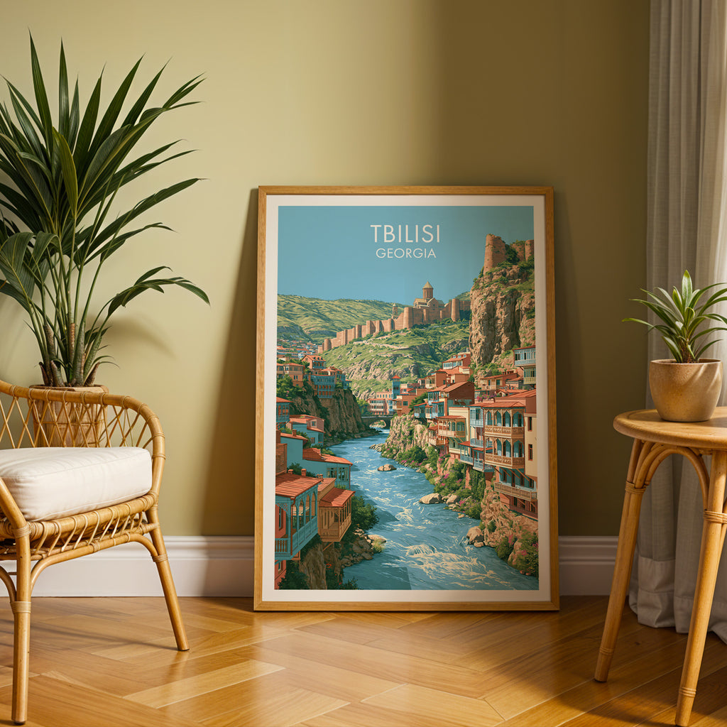 Large Tbilisi Georgia travel print in an oak frame leaning on a herringbone floor next to a rattan chair